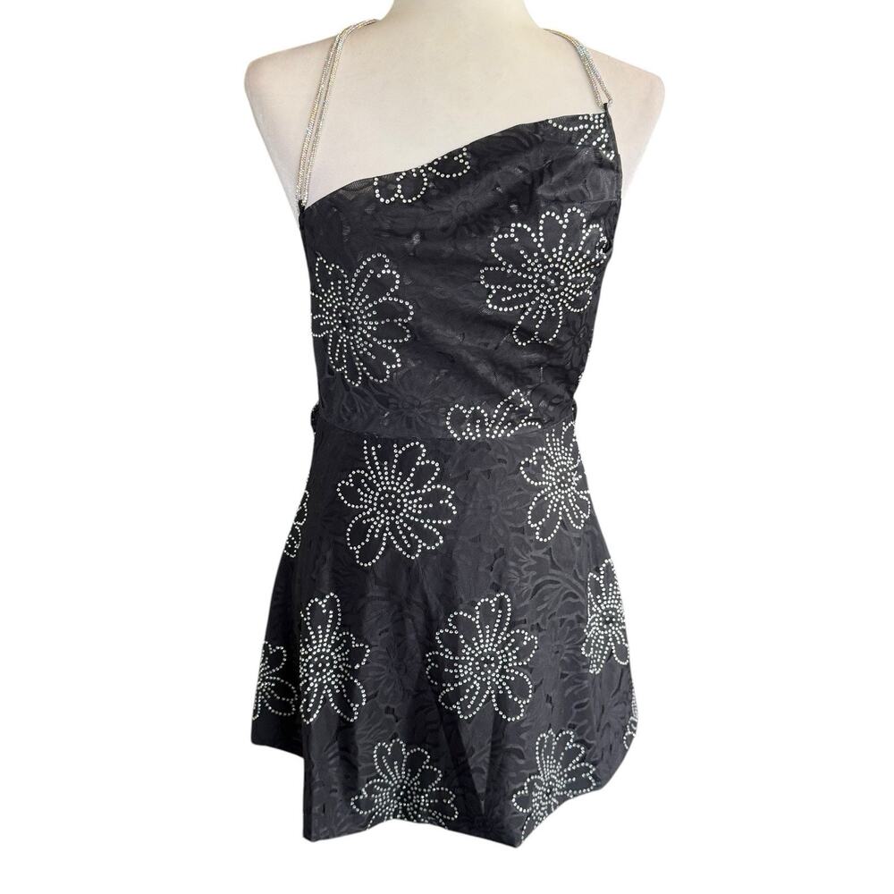 For Love & Lemons Black Mini Dress with Silver Stud Floral Detail